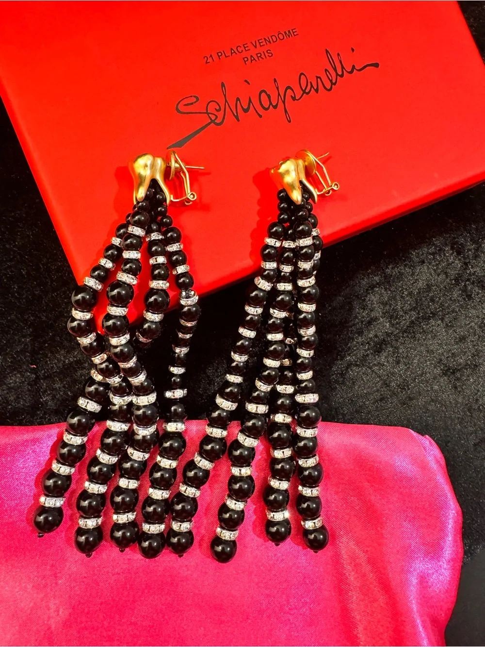 Schiaparelli inspired Elegant Black Beaded Drop Earrings with Gold Accents